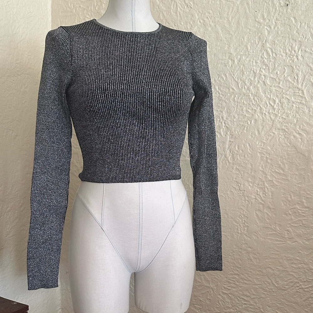 Zara High Neck Cropped Sweater Black Silver Metallic Large